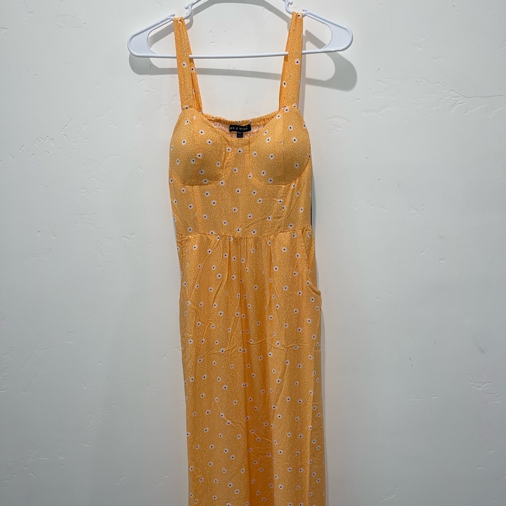 Orange Daisy Midi Dress with Pockets